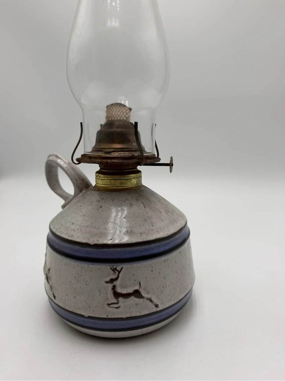 Vintage Onion River Pottery Vermont Oil Lamp Deer Stoneware Cabincore Lodges